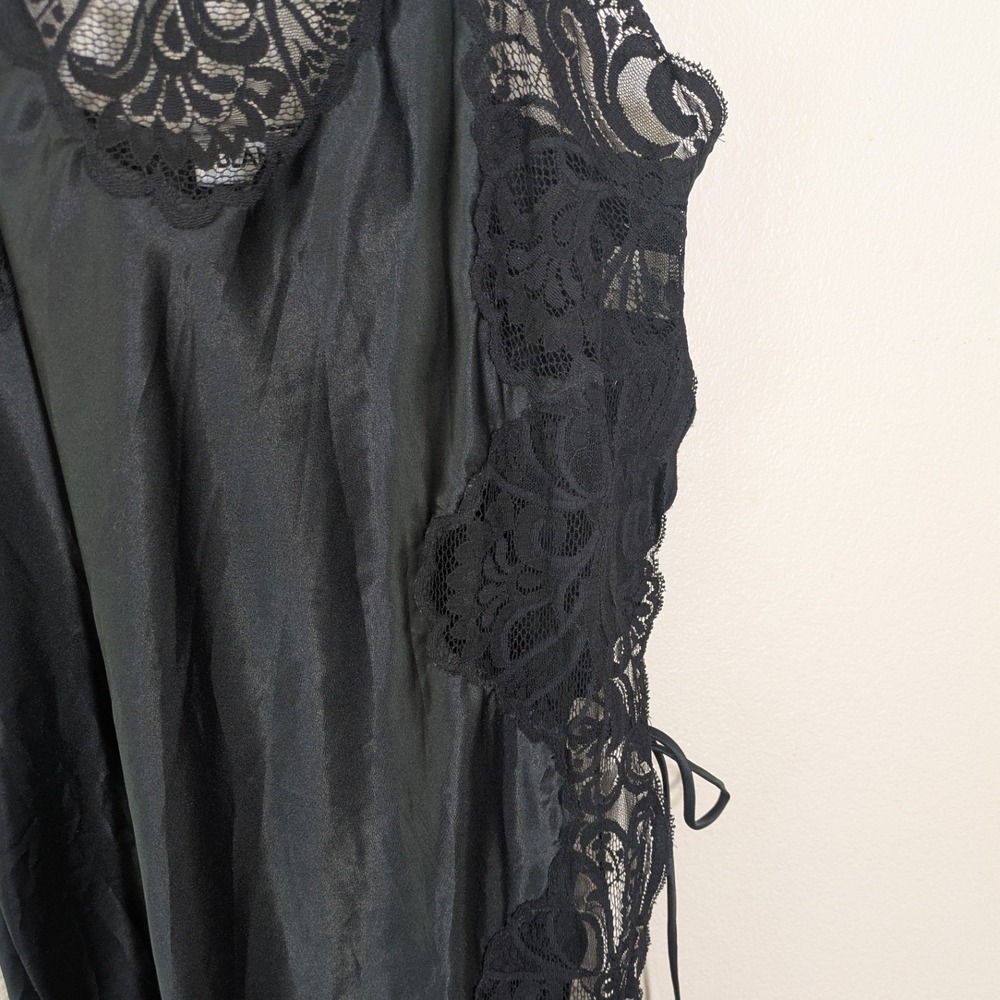 Vintage 80s / 90s Blanche Black Satin Maxi Slip Dress Side Slit Lace and Ties M - Picture 3 of 9